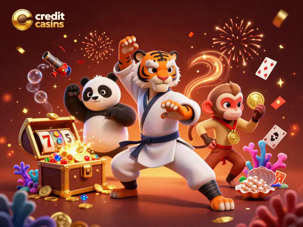Crowd of playful characters in credit card casinos theme with floating slot reels and coins.