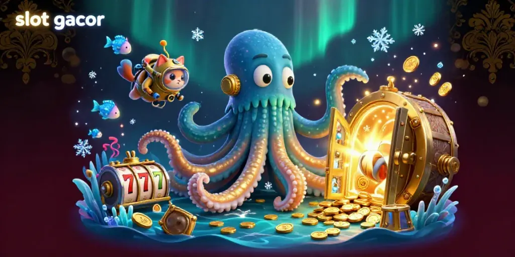 Experience the thrill of slot gacor action with a colossal kraken and a vintage diving cat amidst treasures.