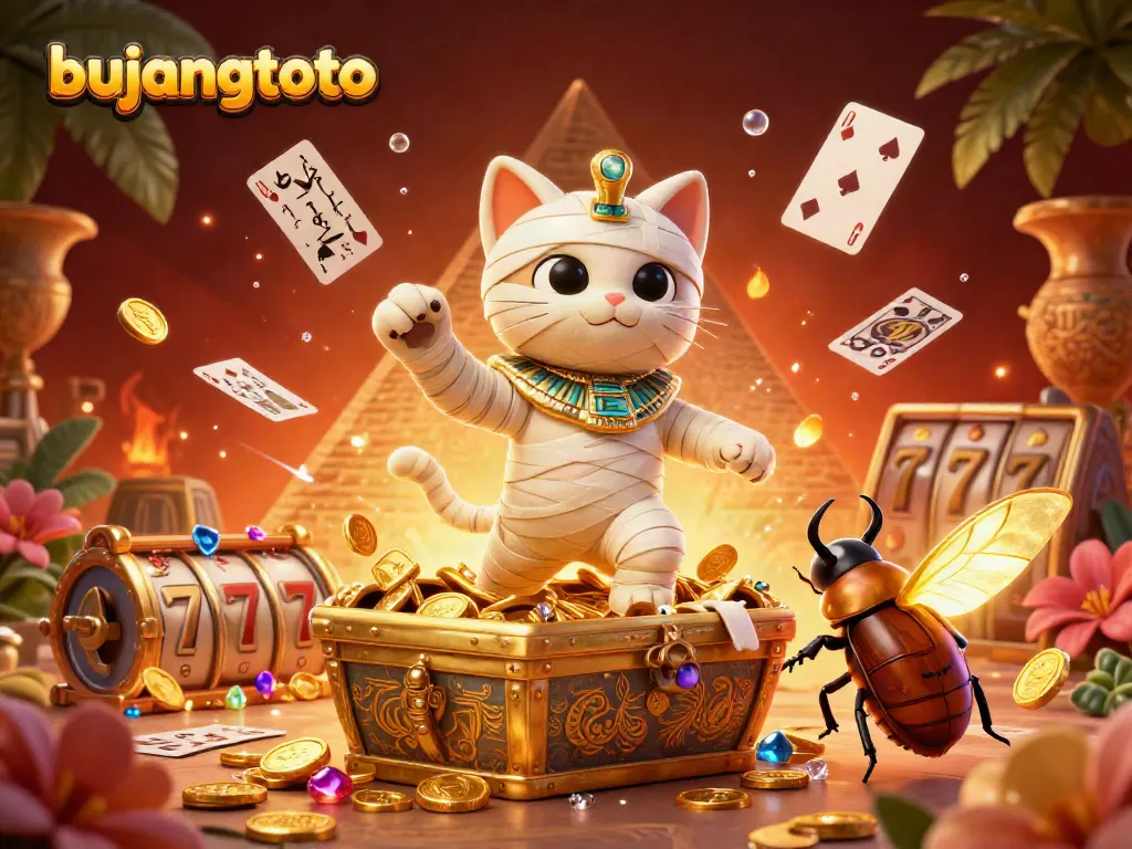 Bujangtoto offers a thrilling scene with a mummy cat and glowing scarab in a vibrant casino setting.