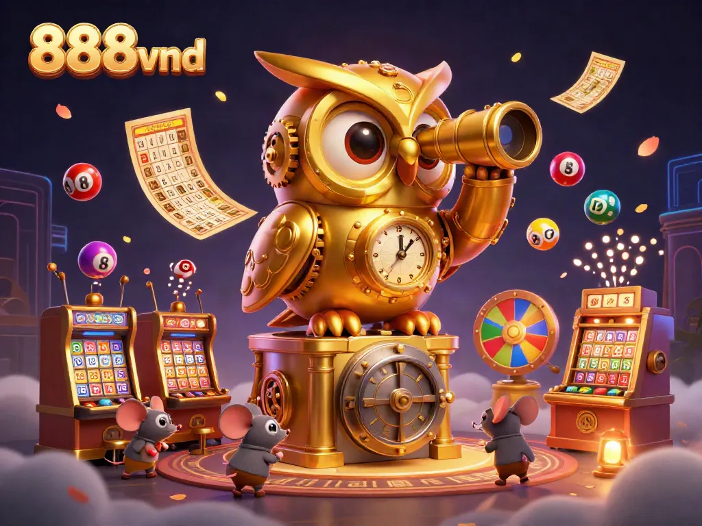 Engage in gaming excitement with 888vnd, featuring a golden owl and vibrant lottery elements.