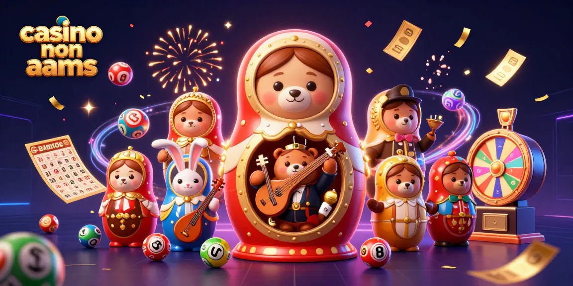 Illustrazione 3D accattivante di casino non aams con elementi di lotteria colorati e personaggi festivi.