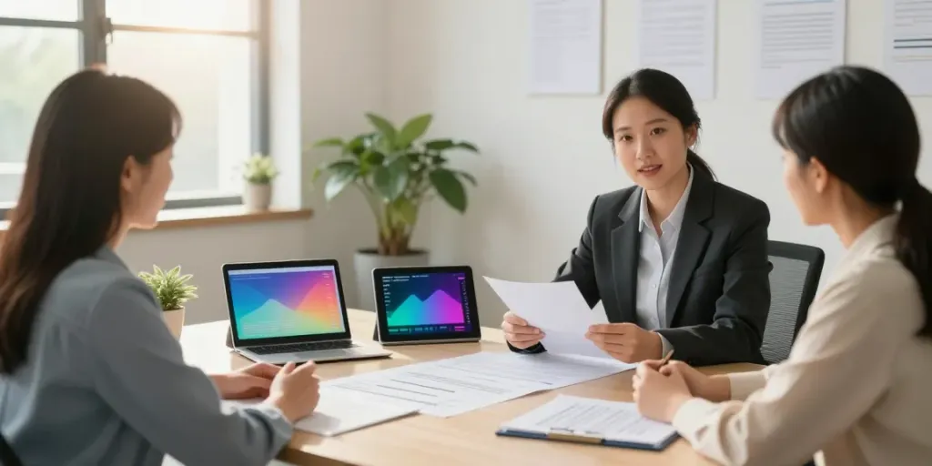 Financial Planner in Sydney consulting clients on wealth strategies in a modern office.