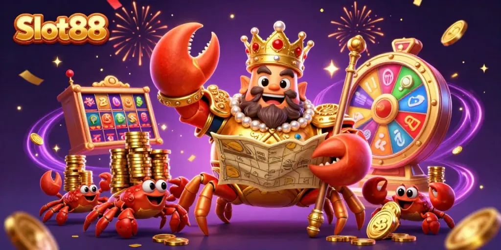 Experience Slot88 with vibrant slot reels and golden crab emperor amidst dynamic casino elements.