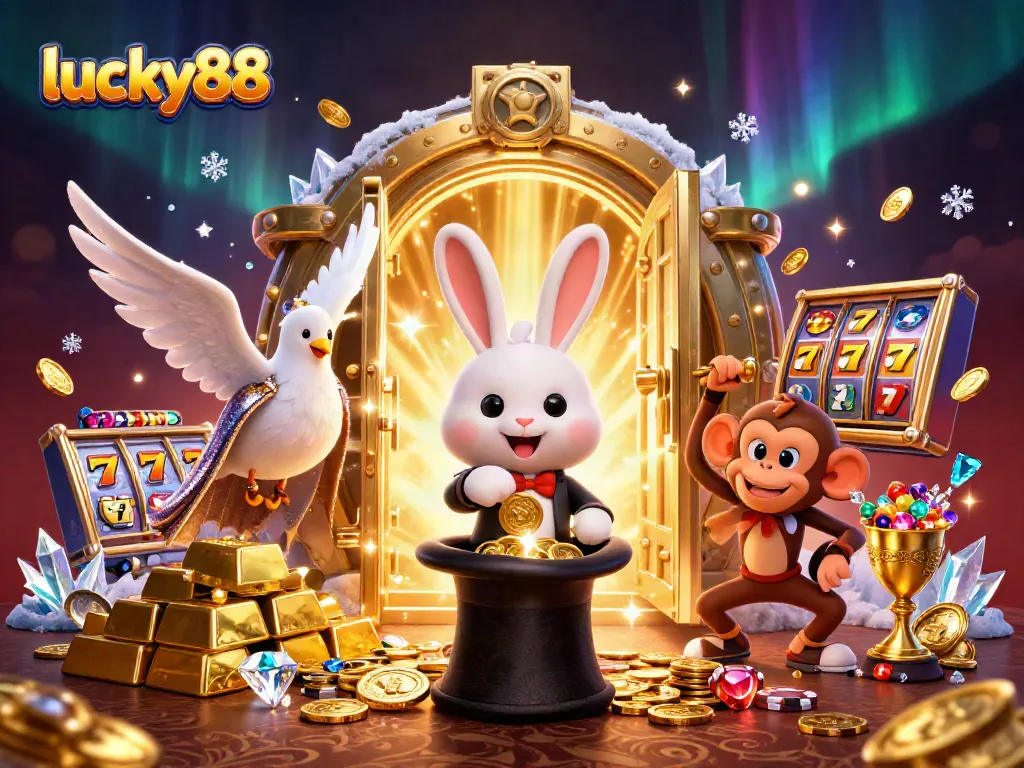 Engage with lucky88's thrilling 3D scene showcasing a magician rabbit, assistant dove, and monkey among dynamic casino elements.