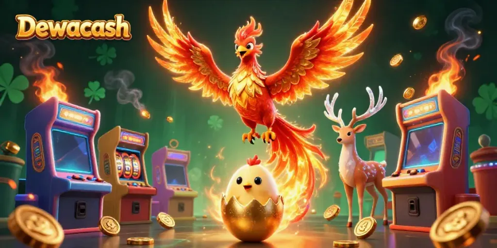 Dewacash features a phoenix and stag amidst casino elements, creating an engaging gaming experience.