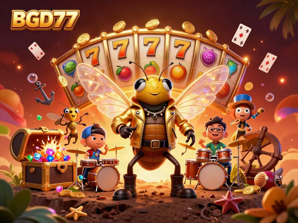 Experience BGD77’s buzzing casino scene with energetic characters and vibrant gaming elements.
