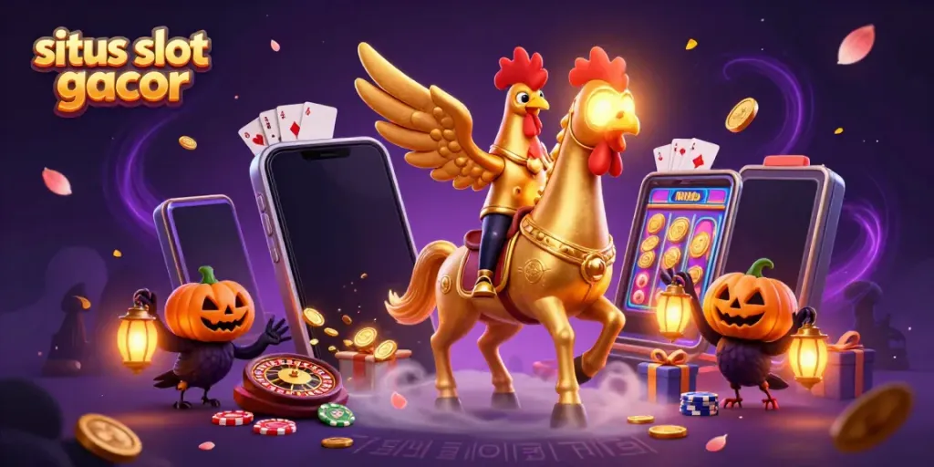 Visualisasi situs slot gacor dengan ayam jantan emas dan elemen kasino yang menakjubkan.