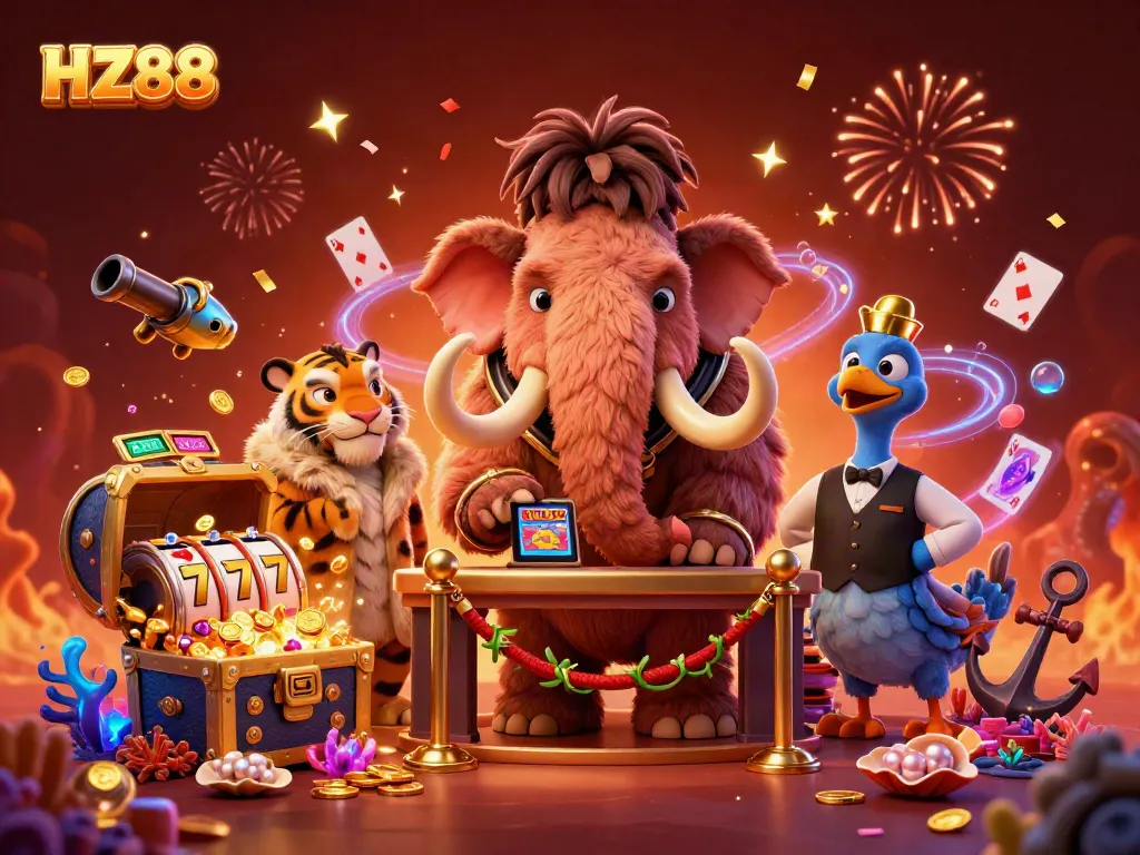 Experience thrilling gaming action at HZ88 with a vibrant 3D casino scene featuring unique characters and elements.