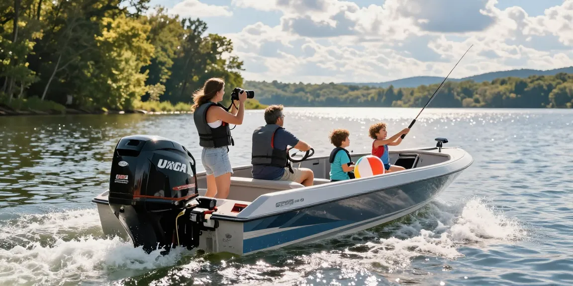Family enjoying a day on the water with an outboard motorboat; buy outboard motor USA.