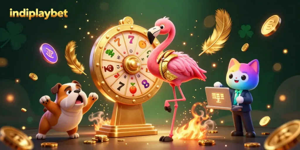 Indoplaybet menyajikan karakter menghibur dalam suasana permainan kasino yang ceria.