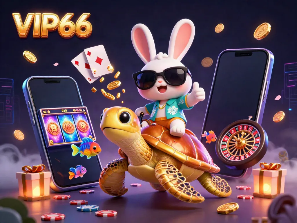 Spin the reels with VIP66, featuring a lucky rabbit and turtle in a vibrant casino atmosphere.