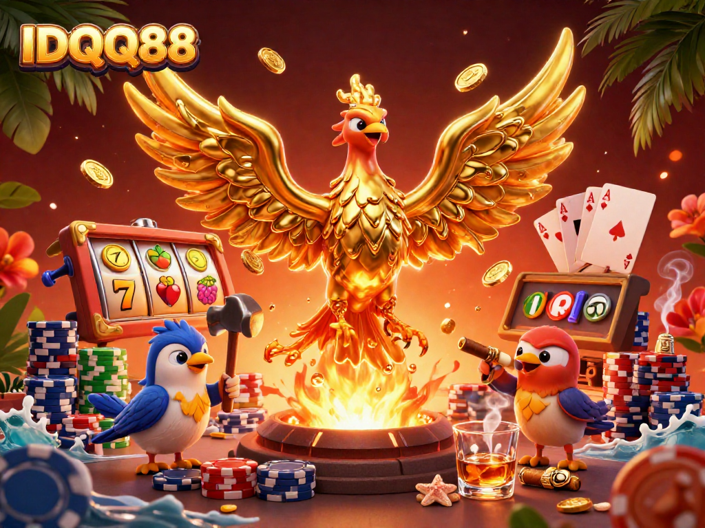 IDQQ88 showcases a vibrant 3D scene of a molten phoenix amidst dynamic slot elements and casino atmosphere.