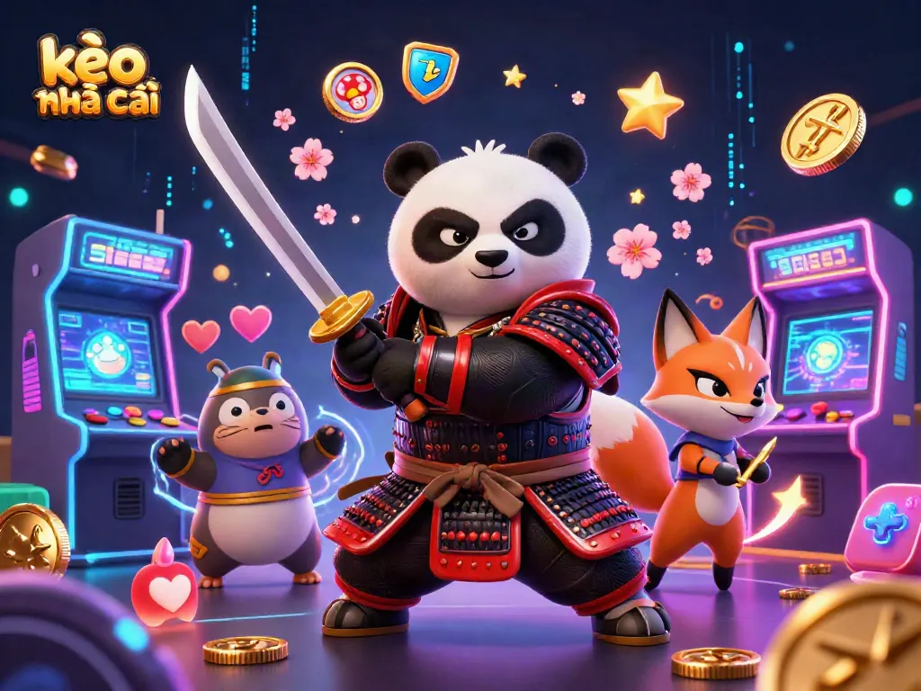 Bet on kèo nhà cái with this vibrant scene featuring a samurai panda and ninja fox in a dynamic casino game environment.