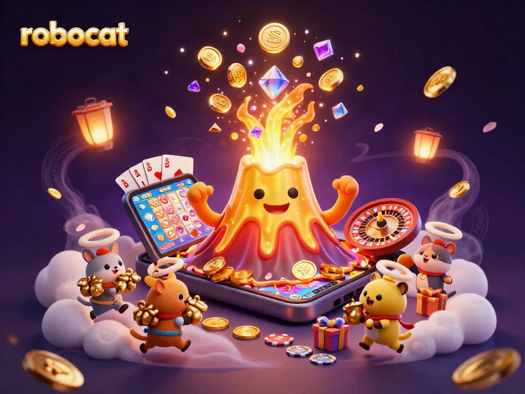 Win big with robocat amidst a vibrant casino scene filled with treasures and games.