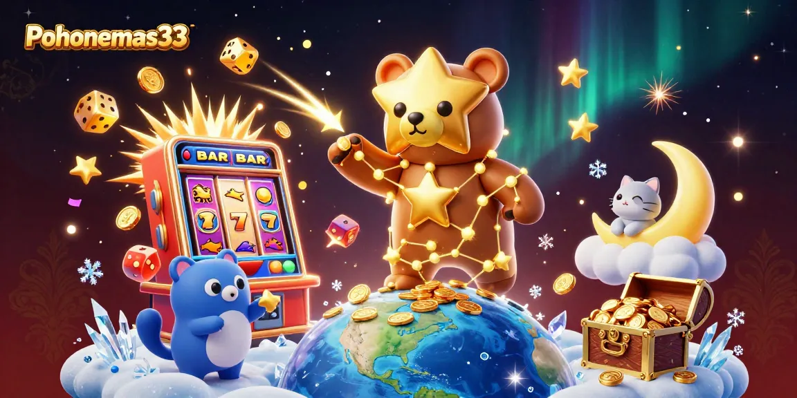 Pohonemas33 captures thrilling casino moments, featuring 3D characters scooping coins amidst dynamic slot machines.