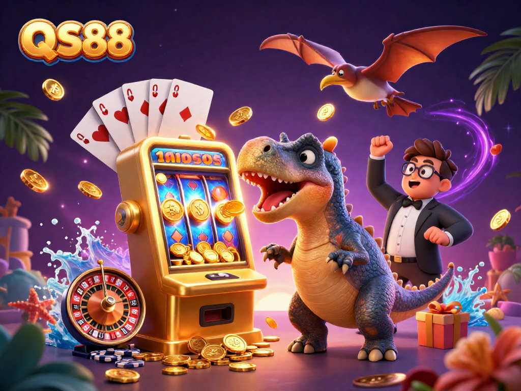 Experience QS88 action with cartoon dinosaurs for a thrilling casino jackpot scene.