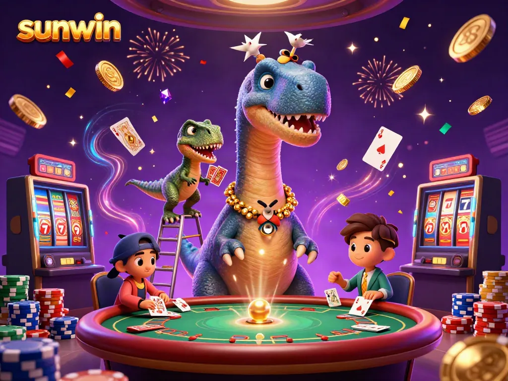 Experience thrilling gaming at sunwin with a vibrant casino scene featuring dinosaurs and poker action.