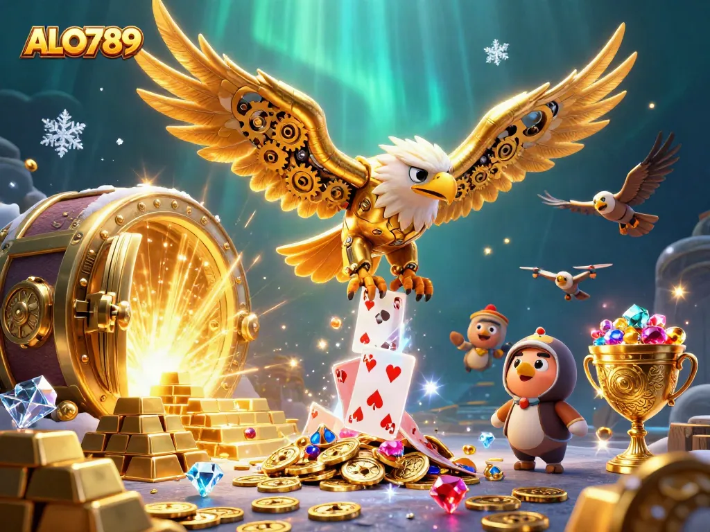 Experience the thrill of ALO789 with a golden eagle amidst cascading holographic cards and treasure.