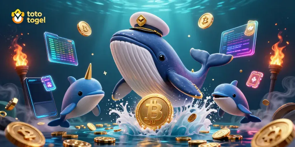 Engage in toto togel as a whale breaches a sea of coins with playful dolphins.