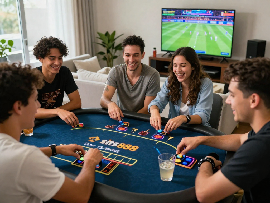 Friends enjoying online gaming on situs888 platform with vibrant atmosphere and excitement
