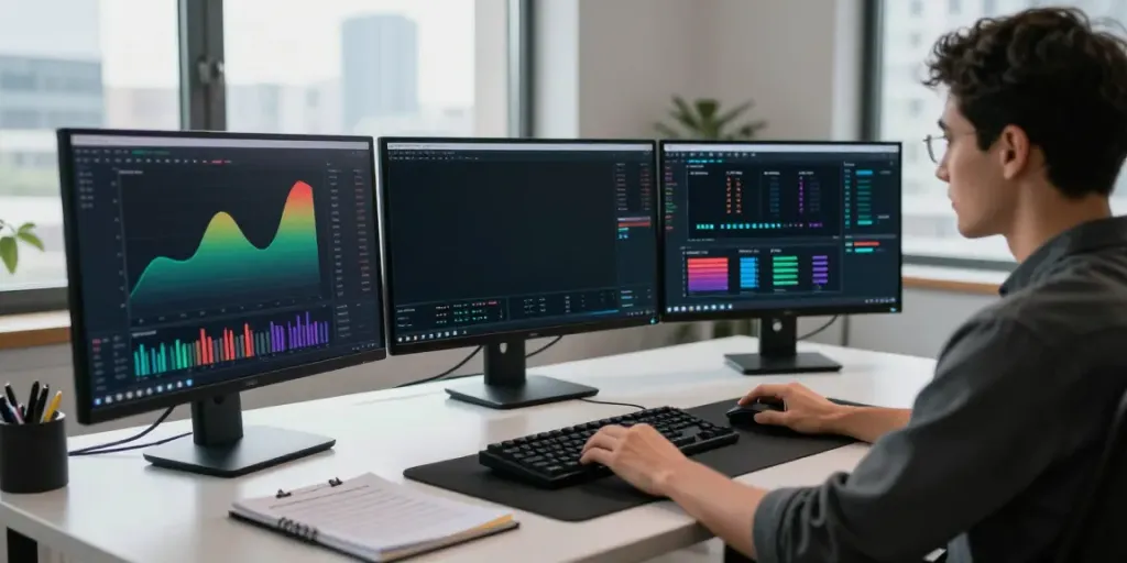 Crypto trader analyzing charts on multiple screens at https://piteas.trade.