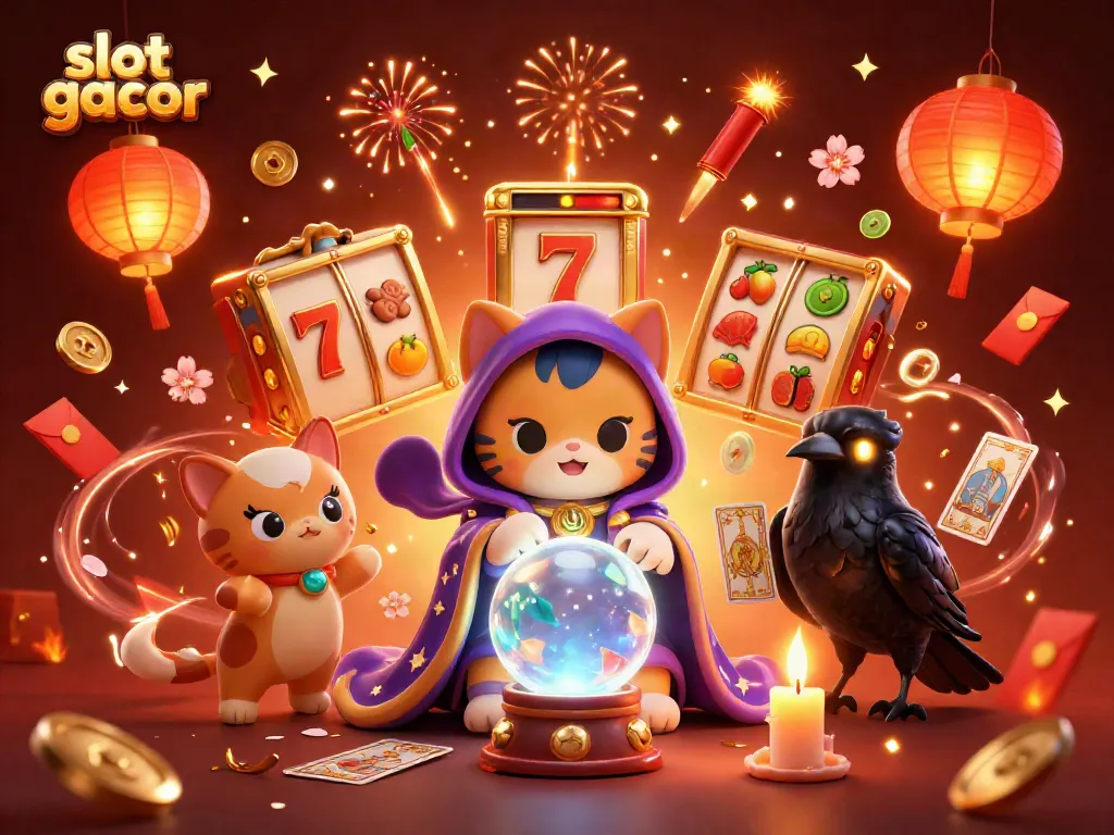 Engage in thrilling wins at slot gacor with a mystical cat, glowing raven, and vibrant casino elements.