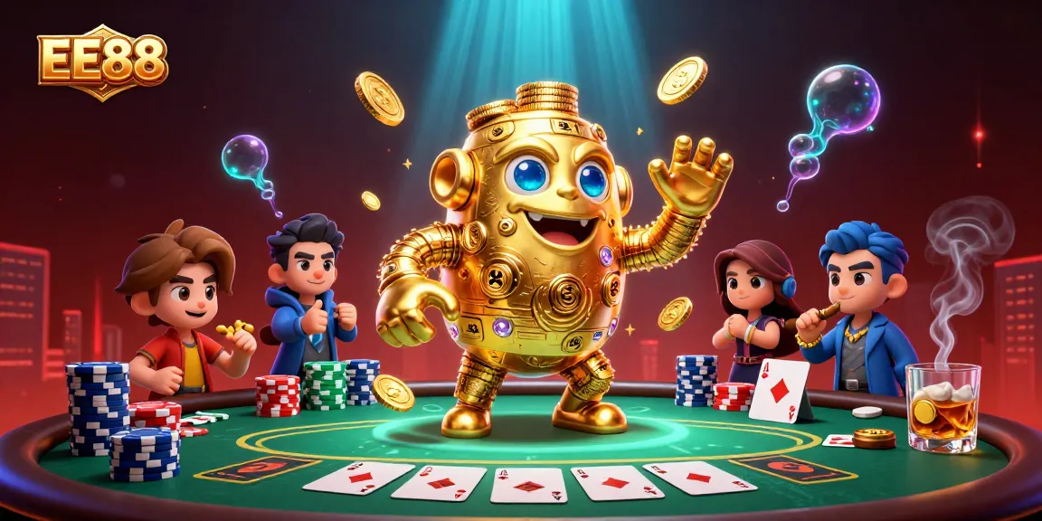 EE88 showcases thrilling casino action with a dynamic scene of a golden golem and poker elements.