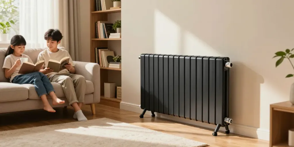 Comfortable living room with an electric radiator, family enjoying warm drinks, cozy atmosphere.