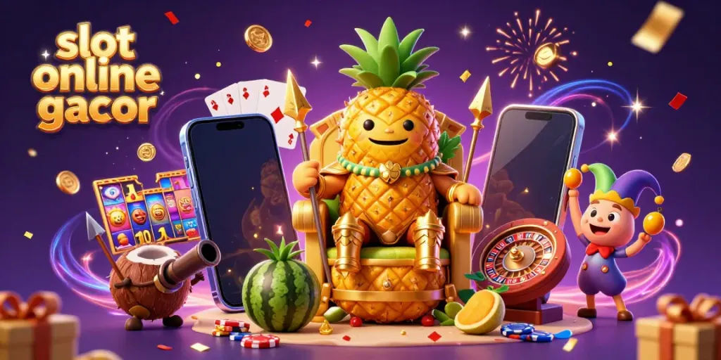 Engage with exciting slot online gacor action featuring golden pineapple king, coconut guards, and vibrant casino elements.