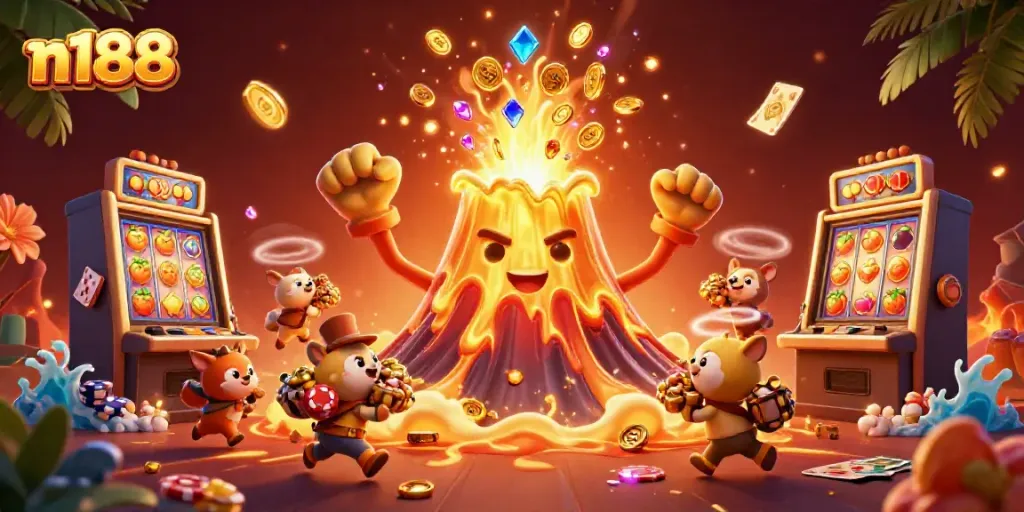 Interact with n188's captivating casino visuals featuring a golden volcano erupting treasures.