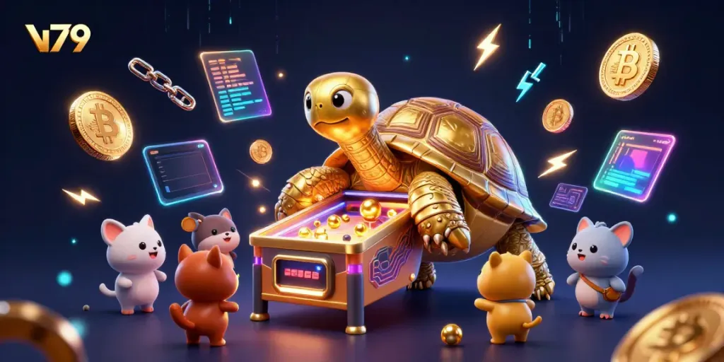 Engage in exciting gameplay at v79 with a vibrant 3D illustration featuring a pinball tortoise.