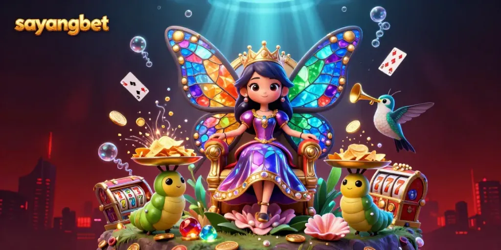 Engage with sayangbet's vibrant gaming world featuring a butterfly queen, golden chips, and colorful slot reels.