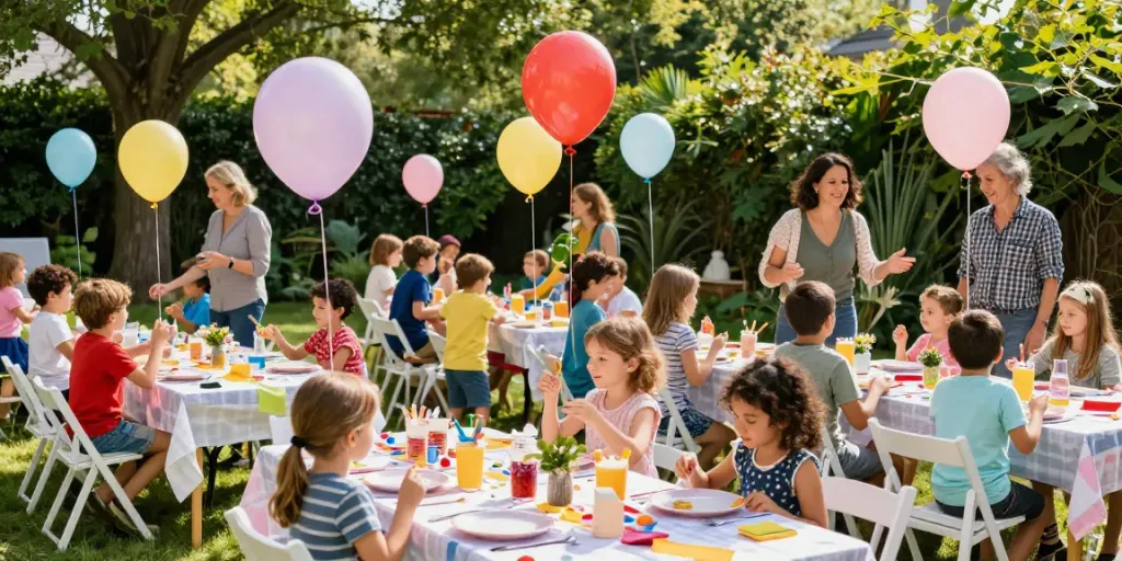 Colorful outdoor birthday celebration showcasing Party Supplies Store items, with lively decorations and joyful atmosphere.