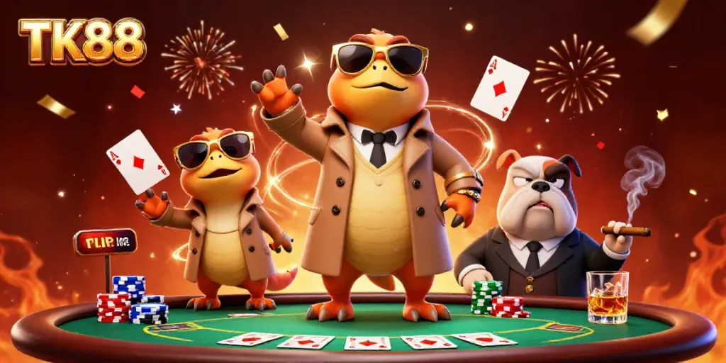 Experience the excitement of TK88 as three raptors in disguise attempt VIP access to a lively casino scene.