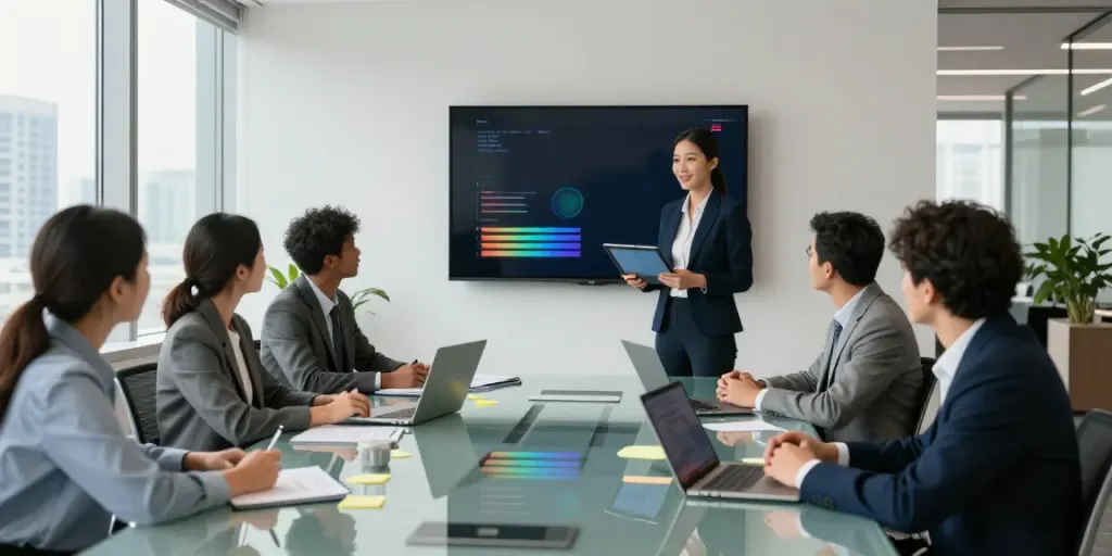 Team discussing a communication strategy in a modern office setting.