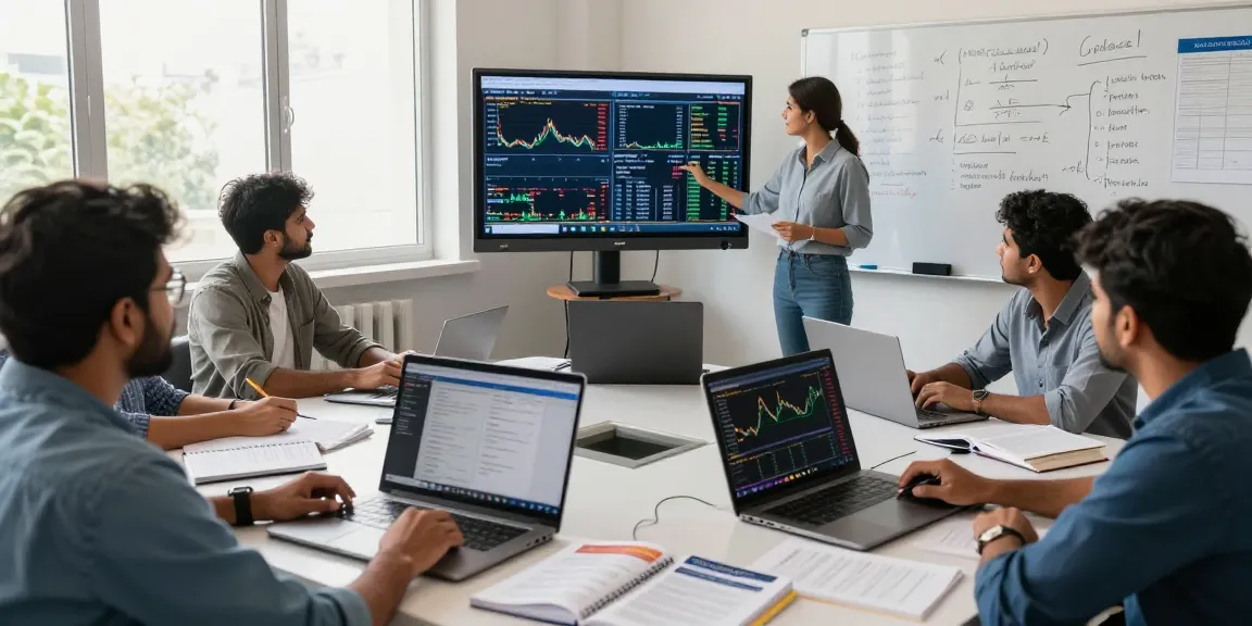 Students engaging in an online trading course in India with interactive elements in a modern classroom setting