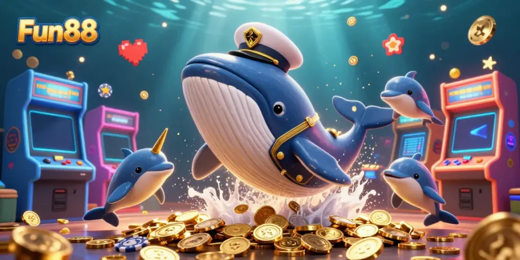 Experience thrilling fun with Fun88 as a whale breaches a sea of coins in a vibrant casino scene.
