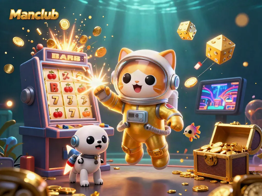 Experience the thrill of gaming at Manclub with a vibrant, dynamic space scene featuring cartoon characters and exciting casino elements.