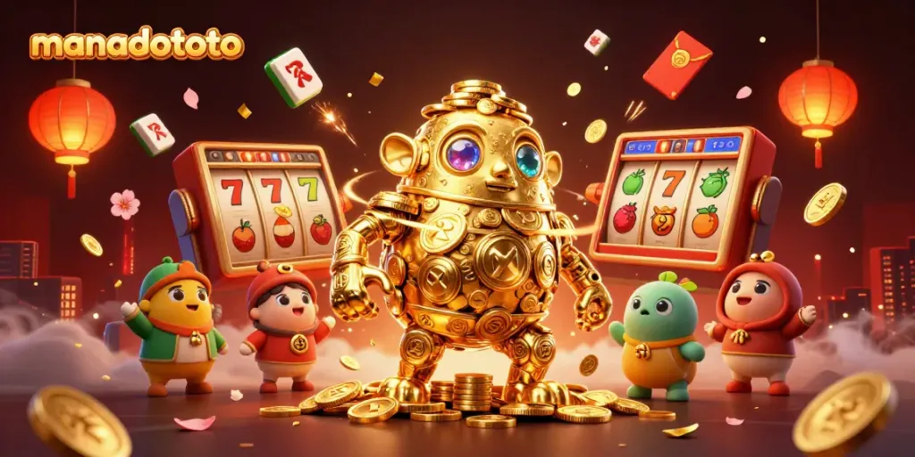 Join the excitement with manadototo's vibrant casino illustration featuring an ancient golden golem and slot reels.