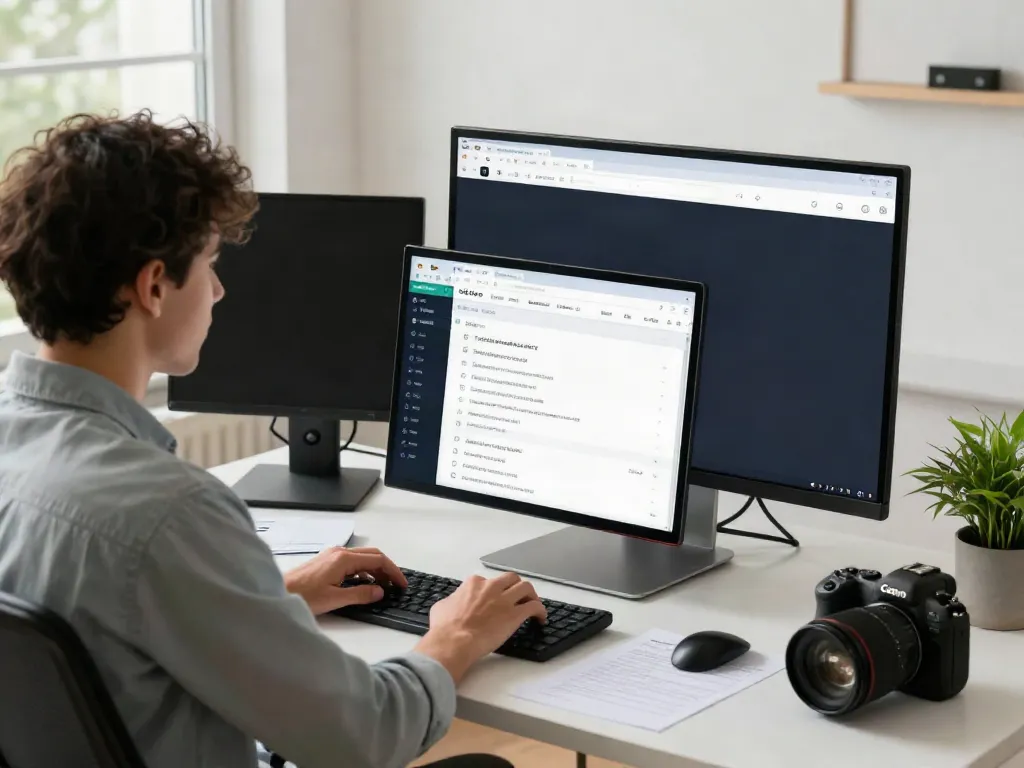 Organizing 최신주소 in a modern digital workspace with dual monitors and natural light.