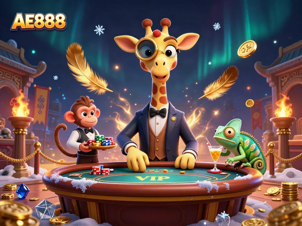 Experience the thrill of AE888 with a high-roller giraffe in a lavish poker scene.