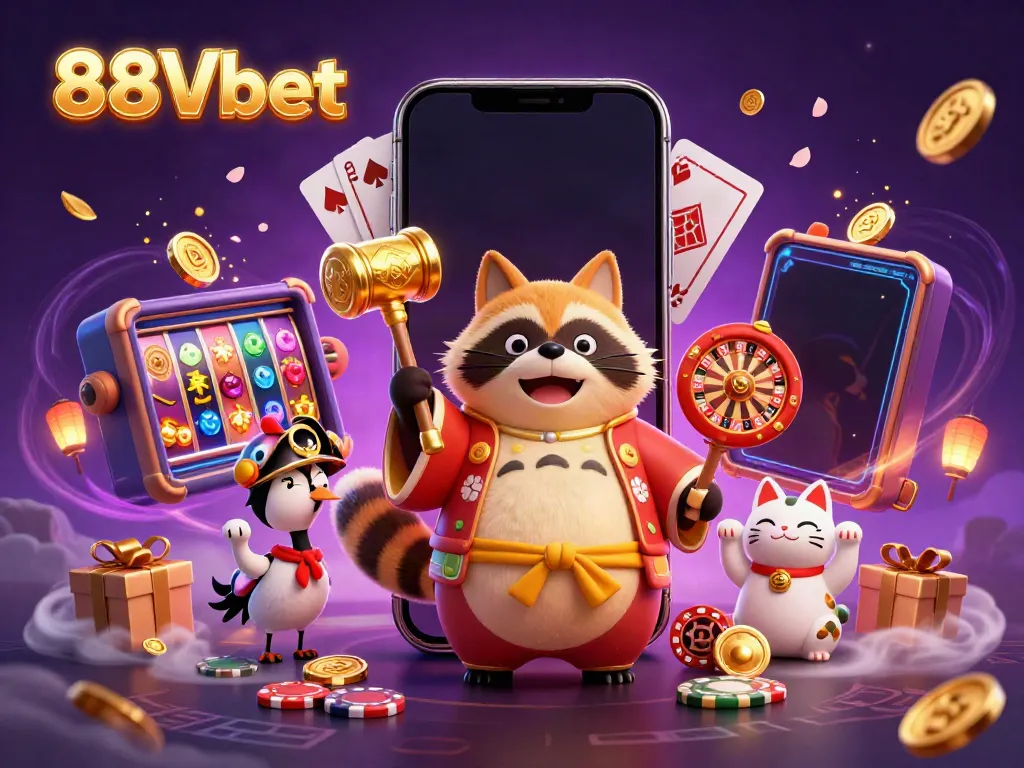 Experience thrilling gameplay with 88Vbet as cheerful characters celebrate casino wins amid dynamic gaming elements.