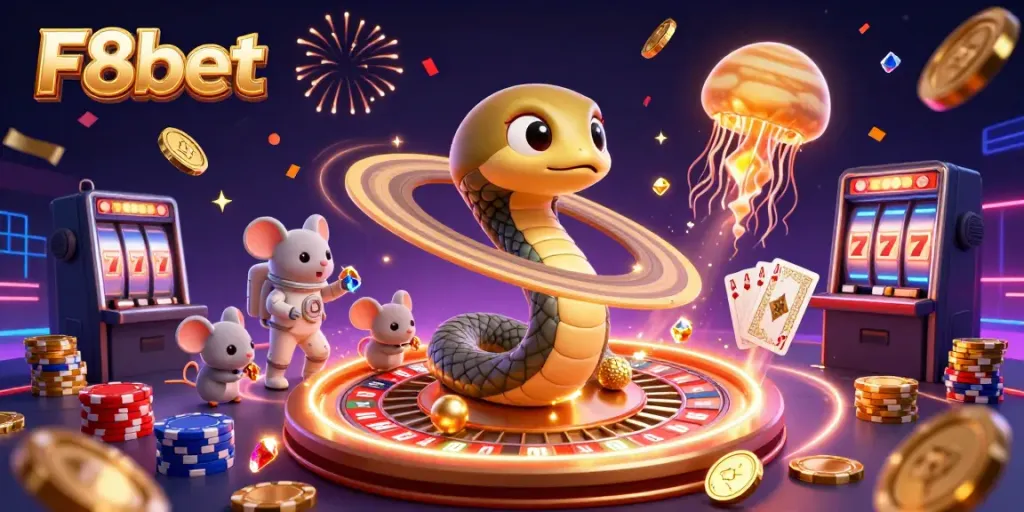 Engage with F8bet in a thrilling cosmic casino battle amidst vibrant game elements and characters.