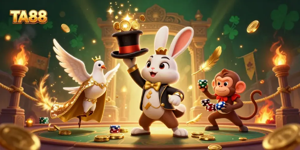 Witness the magic of TA88 as a magician rabbit conjures gold coins in a vibrant casino scene.