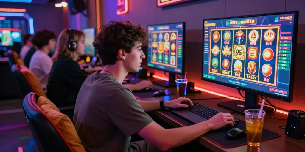 Engaging scene of players enjoying proplay88's online slot games with vibrant graphics and a lively atmosphere.