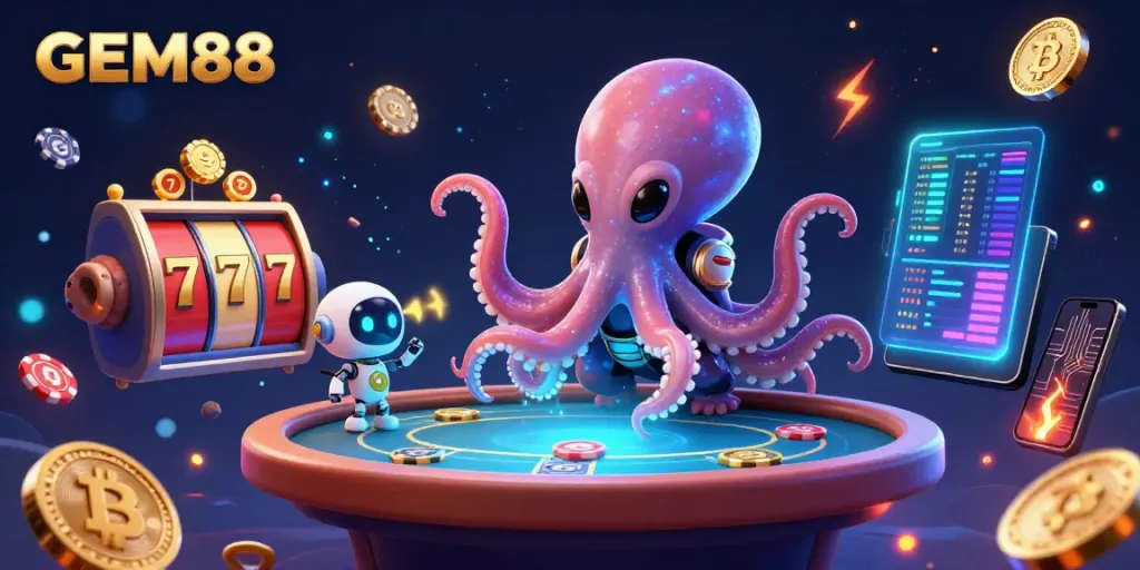 Experience the excitement of GEM88 with a cartoon octopus at a dynamic holographic poker table in a cosmic setting.