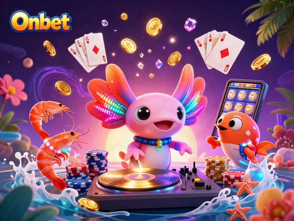 Onbet showcases a vibrant casino scene with a neon axolotl DJ and glowing sea life characters.