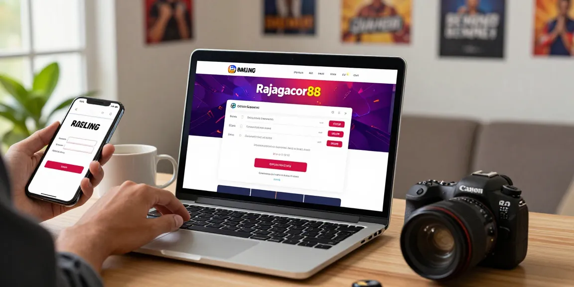 Home office scene where a user engages with springshall.org, showcasing Rajagacor88's login and registration interface.