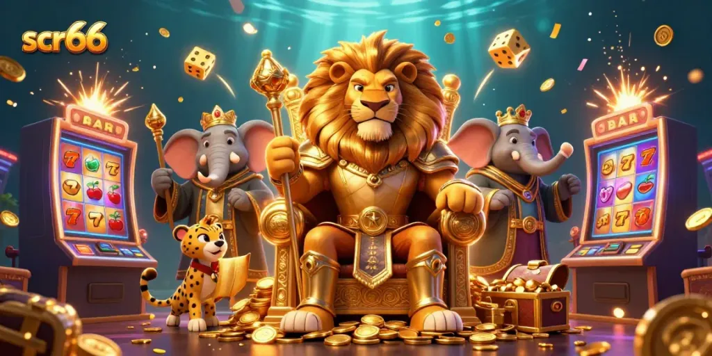 Experience the lively excitement of scr66 with a vibrant casino-themed 3D scene featuring a lion king, elephant advisor, and cheetah messenger.