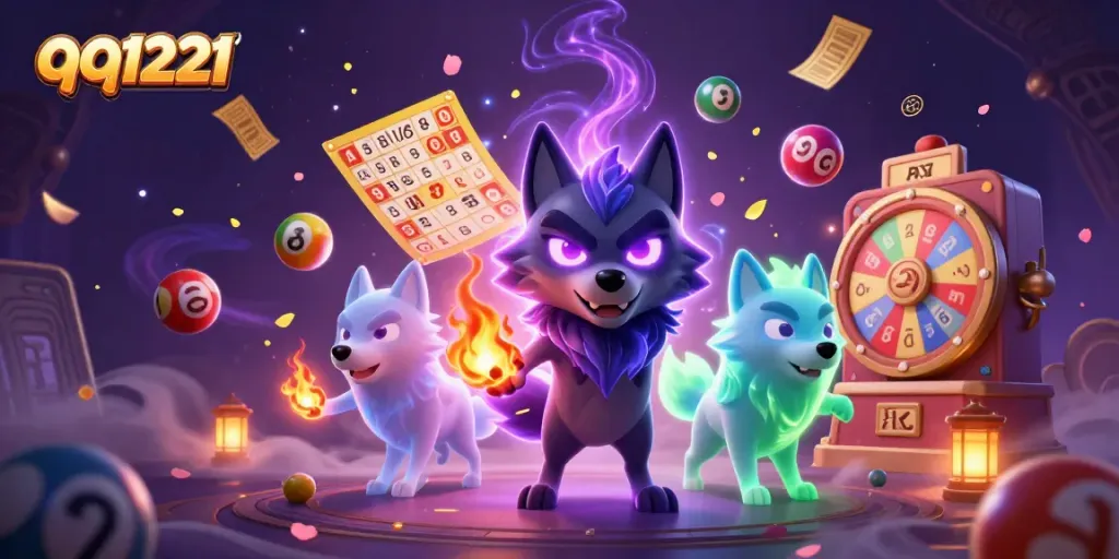 Experience the thrilling world of qq1221 with energetic ghostly wolves amidst lottery excitement and vibrant game elements.